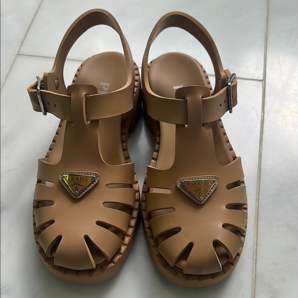 Prada Tan Rubber Fisherman Sandals with Buckle Straps